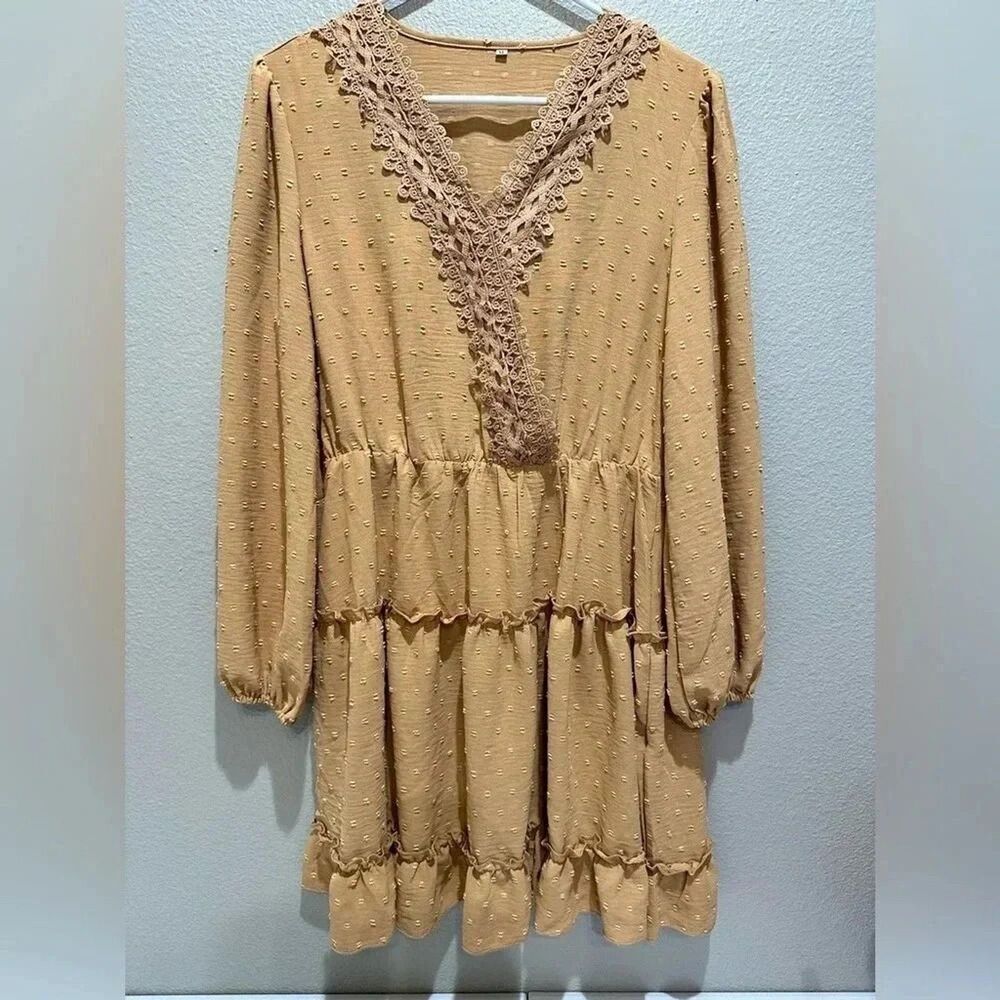 New Boho Swiss Dot Lace Trim Tiered Mini Dress Beige Size Large - Picture 3 of 5